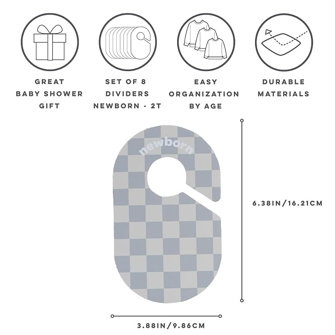 3 Sprouts Baby Closet Dividers, Newborn to 2T, Checkerboard, 8 Piece Set | Newborn to 2T sizing, 8-piece set, Double-sided size labels, Age labels, Nursery closet storage, Baby clothes organizer