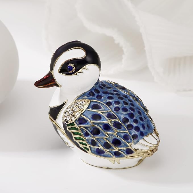 Hand Painted Enamel Duck Trinket Box for Home Decor, Hinged Jewelry Organizer for Ring Earrings, Unique Figurine Keepsake Collectible Personalized Elegant Handmade Ornament Gifts (Blue Cartoon Duck)