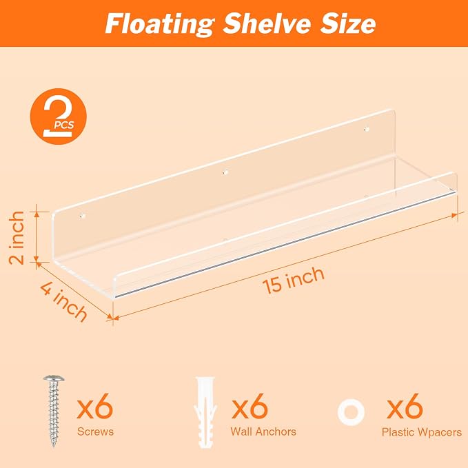 Dooiclear 2 Pack Floating Shelves for Wall, 15" Clear Floating Wall Shelf | Acrylic Book Shelf, Display Shelves Organizer for Bathroom, Classroom, Bedroom, Living Room, Kitchen, Room Decor