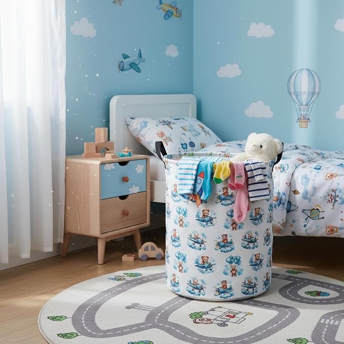 Baby Laundry Basket Baby Hamper for Nursery Girl Kids Butterfly Hamper Cute Kids Toys Storage Bin Organizer Butterfly Room Decor for Home(Bear Pilot)