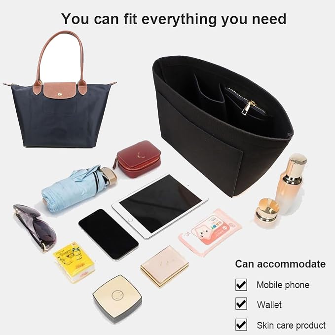 Lckaey Purse Organizer Insert for Le Pliage Handbags Insert Organizer- Felt Organizer 1012black2-M