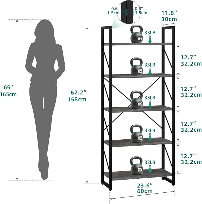YITAHOME 5 Tiers Bookshelf, Industrial Artsy Grey Bookcase Bookshelves, Book Rack, Storage Rack Shelves Books Holder Organizer for Books Movies in Living Room Home Office, Black & Gray