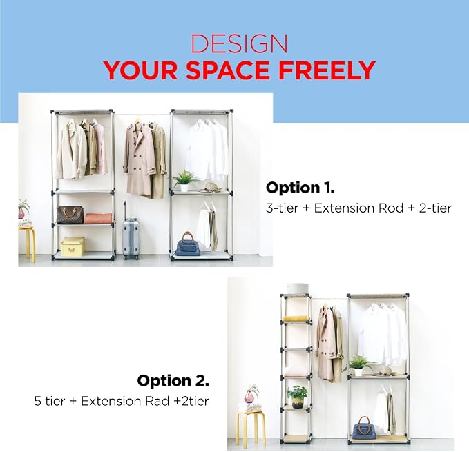 Letusto Premium Stainless Steel Freestanding Closet Organizer System - Easy Assembly, Durable, and Versatile - Heavy Duty Adjustable Portable Wardrobe Clothing Rack (2 Tier)