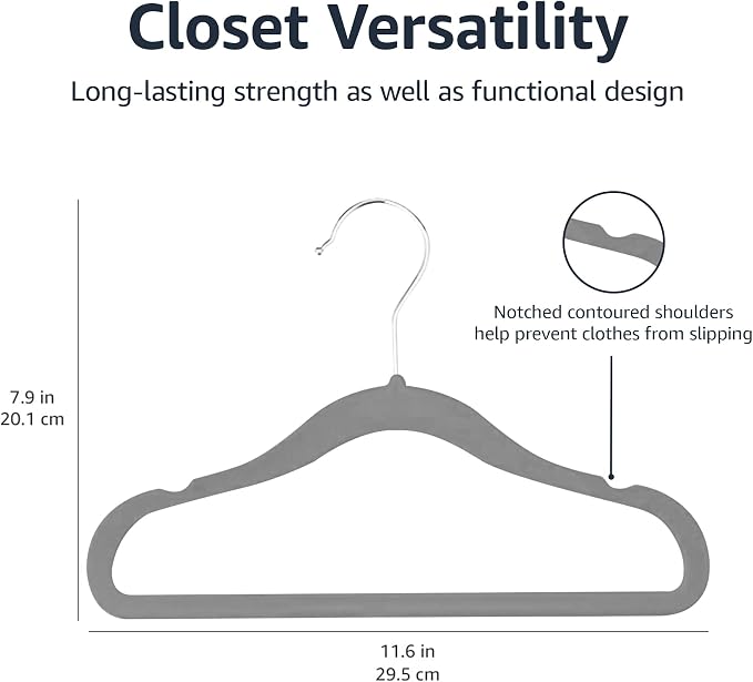 Amazon Basics Kids Velvet Non-Slip Space Saving Clothes Hangers with Shoulder Notches, Sturdy Closet Organizer for Baby/Toddler, 11.6", Gray, 30-Pack