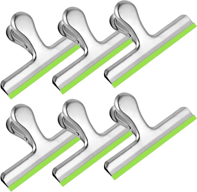 HOUSE AGAIN 6 Pack Stainless Steel Large Chip Bag Clips Covered with Silicone - NO More Sharp Edges - Color Coded for Food Bags - Air Tight Seal, Heavy Duty for Kitchen and Office, 5 Inches, Green
