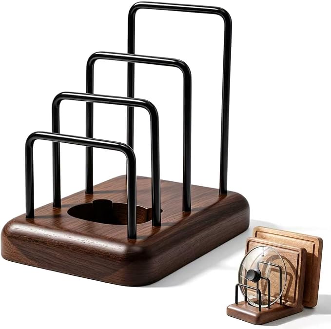 Chopping Board Rack with Walnut Base – 3 Slot Wood Cutting Board Holder Pot Lid Stand, Baking Trays Pans Plates Cabinet Storage Divider Accessory for Home Countertop Kitchen Storage & Organizer