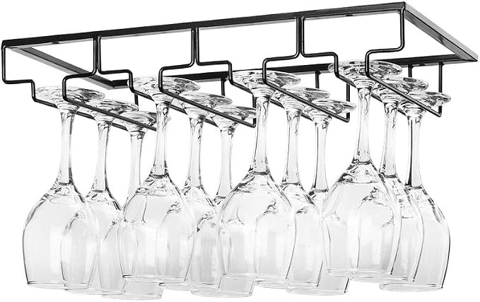 FOMANSH Wine Glass Rack Under Cabinet - Stemware Holder Metal Wine Glass Organizer Glasses Storage Hanger for Bar Kitchen Black 4 Rows