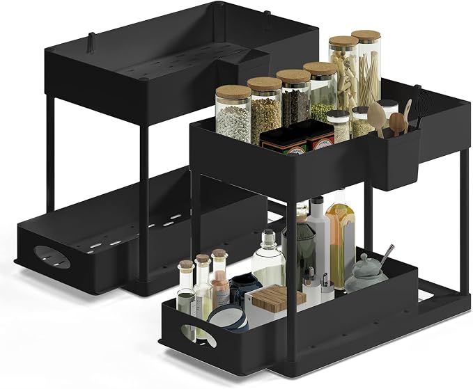 Hearth & Harbor 2-Pack Black Under Sink Organizers with Hanging Hooks and Non-Slip Rubber Legs