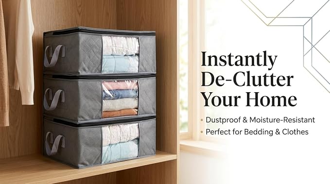 Storage Clothes Bins Closet Bags - 35L Containers Organizer Boxes Clothing Bin Organization for Organizing Blanket Pillow Sheet Sweater, Foldable Bedroom Small Storage Totes With Lids Zipper, 3pc Pack