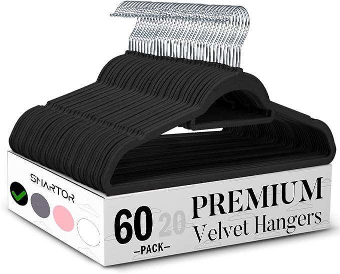 Smartor Black Velvet Hangers 60 Pack, Space Saving Clothes Hangers with Tie Bar, Non-Slip Felt Hanger with Shoulder Notches, Heavy Duty Suit Hanger for Coat, Shirt, Pants, Dress | Non-slip Felt, Shoulder Notches and 360° Hooks Keep Suits, Dresses and P...