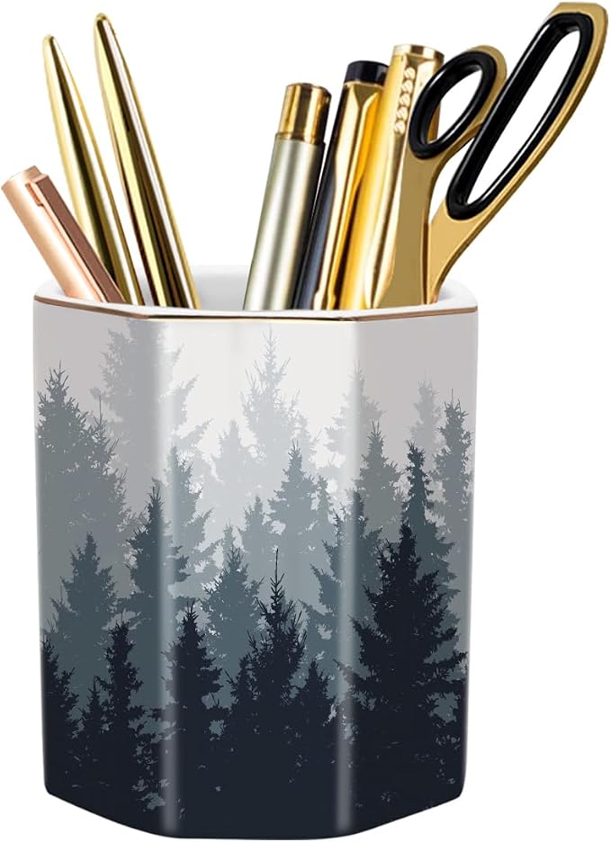 Pencil Pen Holder for Desk, Cute Makeup Brush Holder, Desktop Supplies and Accessories for Women Students, Art Supply Caddy, Forest Pattern
