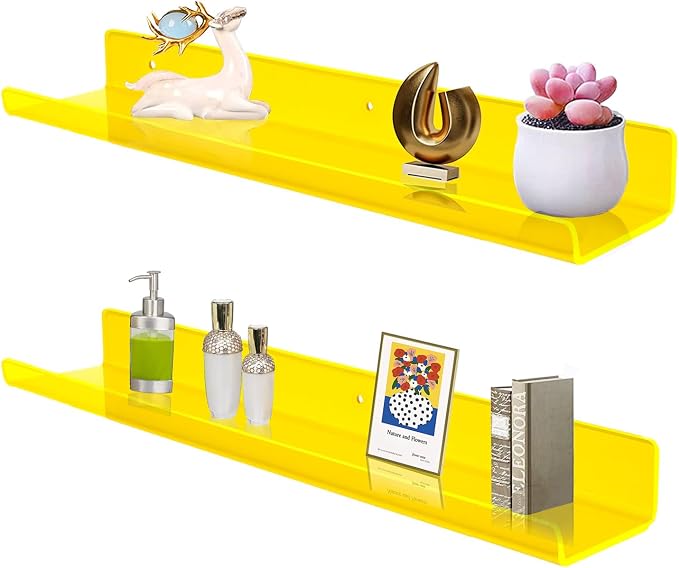ROYALITA 2-Pack Acrylic Shelves Wall Mounted, 24 Inch Floating Shelves | for Small Items Plants Organize Wall Shelves for Gaming Room, Bedroom, Living Room, Office, Yellow