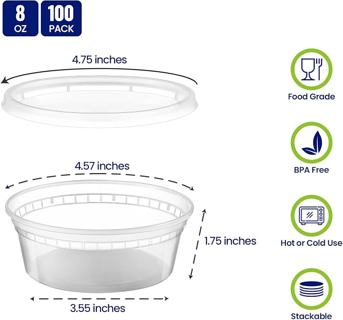 AOZITA 100 Sets 8 oz Plastic Deli Containers With Lids, Airtight Food Storage Containers, Freezer/Dishwasher/Microwave Safe, Takeout Meal Prep Storage