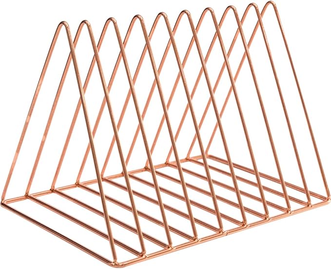 Sooyee 9 Slot Metal Record Holder Storage, Rose Gold | Magazine Holder, Book Album Display Rack, Desktop File Sorter Organizer, Triangle Bookshelf Decor for Home Office
