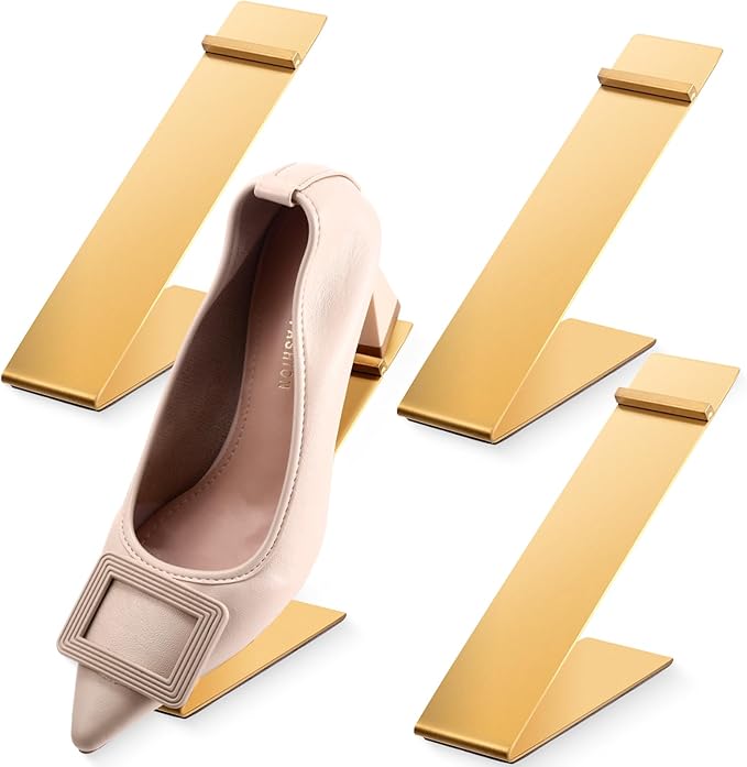 Therwen 4 Pcs Gold Shoe Display Stand Shoe Rack Stainless Steel Golden Metal Riser High Heel Display Rack Holder for Home Shopping Malls (Shape V,Golden)