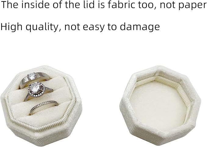 Velvet Ring Box 3 Slots - Octagonal Premium Rings Holder Handmade Ring Bearer Jewelry Storage Organizer for Wedding Ceremony, Christmas, Photography Prop (Ivory)