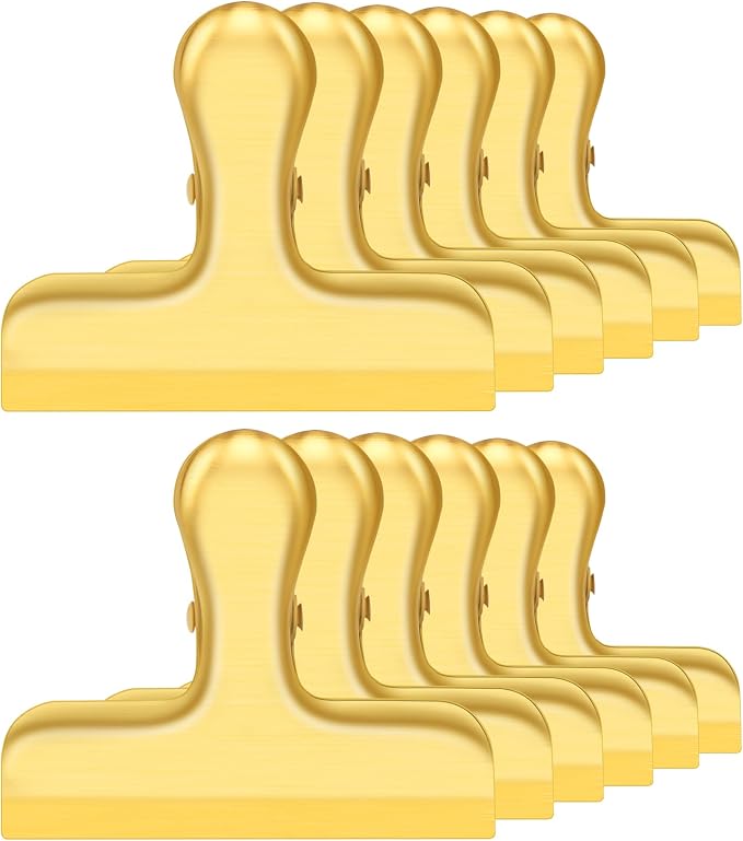 ANZNKU Chip Clips 12 Packs, Gold Metal Bag Clips for Food Storage, Stainless Steel Food Clip for Bread Snack Coffee, Heavy Duty Chip Bag Clip for Kitchen Home Refrigerator & Office