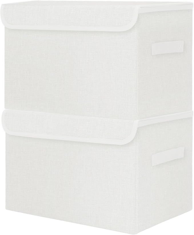 Bagnizer Large 42 Quarts Fabric Storage Bins with Lids [2-Pack] Linen Collapsible Foldable Storage Cubes, Closet Organizer Containers boxes with Handles for Home Office (16.7 x 12 x 12, White)