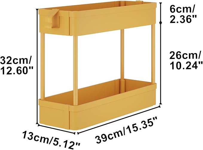 Under Sink Organizers Storage Rack, 2 Tier Under Bathroom Cabinet Shelf Basket, Multi-Purpose Storage Cart with Hooks for Kitchen Bathroom Bedroom Livingroom, Yellow