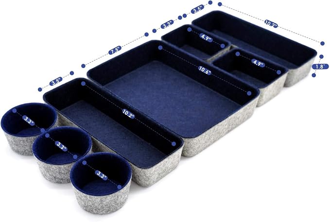 Welaxy 8-piece office desk drawer organizers trays felt small Storage bins shallow box draw dividers for Office supplies Multi-purposed organize gifts idea for men (Navy)