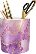 Pen Holder for Desk, Cute Ceramic Pencil Holder, Pen Cup Marker Holder Makeup Brush Holders, Desk Accessories & Workspace Organizers for Home, Office, Purple Marble