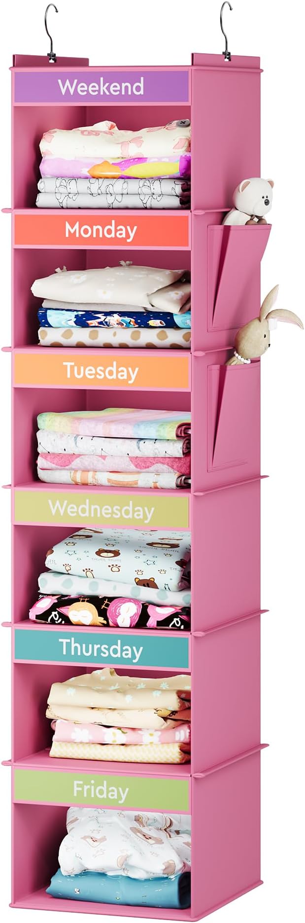 YOUDENOVA 6-Shelf Weekly Hanging Closet Organizer, Weekly Clothes Organizers for Kids with 2 Side Pockets, Pink