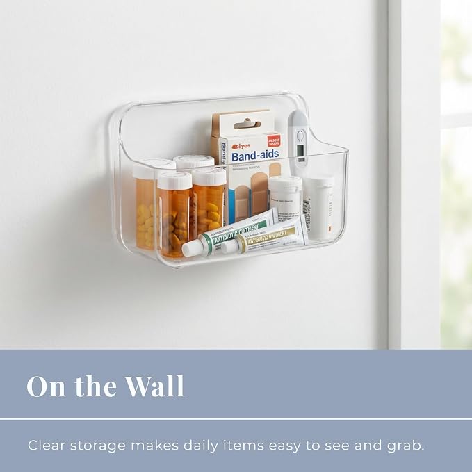 No-Drill Wall Organizer Bin – Clear Removable Adhesive Storage Box with Drain Holes, PET Plastic, Ideal for Small Items in Kitchen, Bathroom, Cabinet Door – Sandra Series