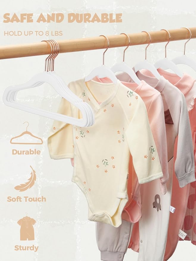 Smartor 11.8" Premium Baby Hangers Velvet for Closet 50 Pack, Durable Kids Felt Hangers Non Slip for Toddler, Baby Clothes Hangers for Childrens on Closet Storage (Rose Gold Hook)- White