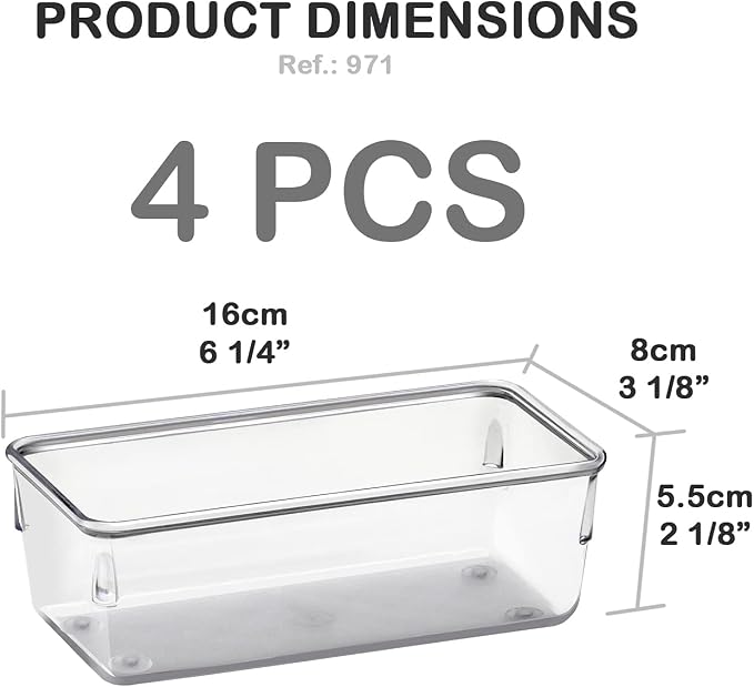 Acrimet Drawer Organizer Modular, Box Tray Storage Bins for Office, Home, Makeup, Kitchen, Junk Drawer ( 4 Pieces) (Clear Crystal Plastic)