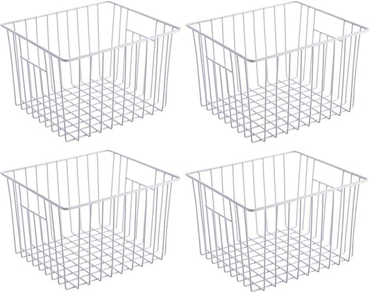 Slideep Freezer Baskets Storage Basket Organizers, Deep Wire Farmhouse Bins Container with Handles for Kitchen, Pantry, Cabinet, Car, Bathroom Pearl White, 4 Pack