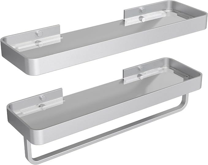 Danpoo 16-Inch Silver Floating Bathroom Shelves with Towel Bar, Clear Tempered Glass Wall Shelf 2-Pack – Versatile Bathroom Organizer Set