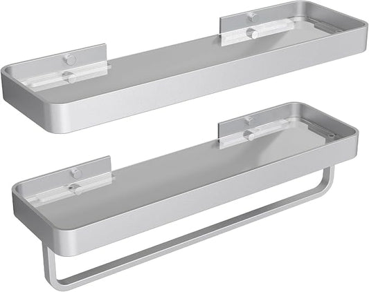 Danpoo 16-Inch Silver Floating Bathroom Shelves with Towel Bar, Clear Tempered Glass Wall Shelf 2-Pack – Versatile Bathroom Organizer Set