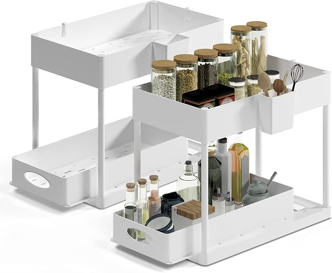 Under Sink Organizers and Storage | Bathroom Cabinet Organizer, Sink Shelf with Utility Hooks and Side Caddy for Under Cabinet Storage | White (2-Pack) Under Kitchen Sink Organizer with Sliding Drawer