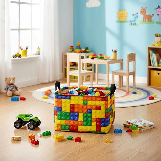 Colorful Building Blocks Print Storage Basket, Waterproof Lining Organizer Bins, Leather Handles, Collapsible for Kids Toys, Clothes, Laundry, Gift Basket
