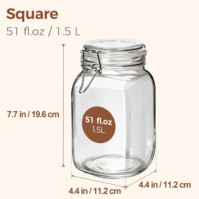 ComSaf Set of 3 Square Glass Jars with Airtight Lids (51 Oz) — Wire Clamp Canisters for Small-Batch Pickling, Kimchi, Bulk Dry Food, Wide Mouth Space Saving Kitchen Pantry Organization Jars