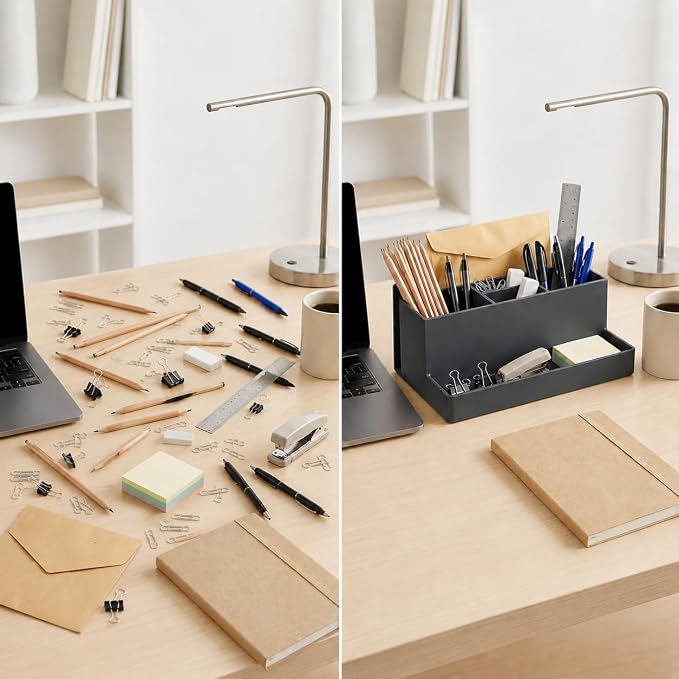 Acrimet Desktop Organizer - Multi Organizer Caddy Holder for Office, Home and School use (Plastic) (Black Color) | Office Notebook, Briefcase, Pads & Accessories