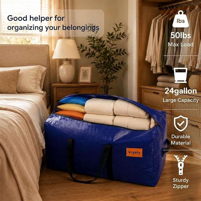 6 Pack Moving Bags Heavy Duty, Extra Large Storage Totes Bag with Zippers and Sturdy Handles, Packing Bags for Moving, Storage, Travel, Space Saving, Moving Boxes College Essentials Blue