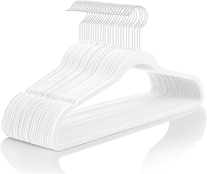 MIZGI Premium Velvet Hangers (50 Pack) Heavy Duty - Non Slip Felt Hangers - Velvet Suit Hangers White - White Coated Hooks,Space Saving Clothes Hangers