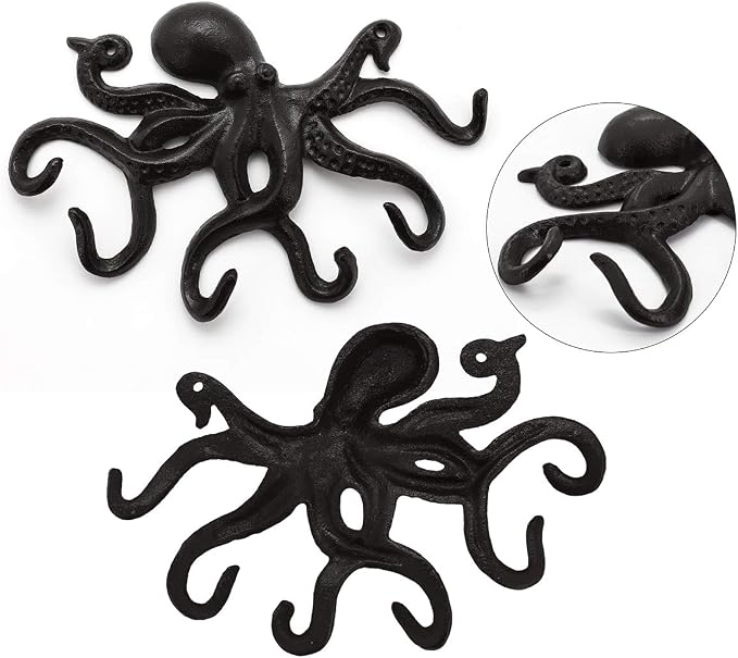 Coat Hooks Wall Mounted Key Holder, Retro Octopus Towel Hooks for Bathrooms, Heavy Duty Wall Hooks Decorative- 2Pcs