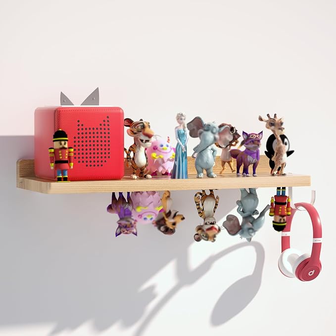 for Tonies Shelf Magnetic - 1 Tier Wooden Tonies Figure Organizer, Natural | Tonies Box Holder, Magnetic Display Shelf for Kids Room, Wall Floating Shelves Toy Storage Compatible Charging Station