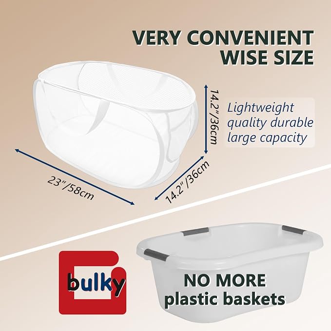 Pop Up Laundry Hamper,Collapsible Horizontal Baskets with Handles & Side Pocket,Foldable Sturdy mesh for Laundry Room,Bathroom,Kids Room,College Dorm or Travel (White)