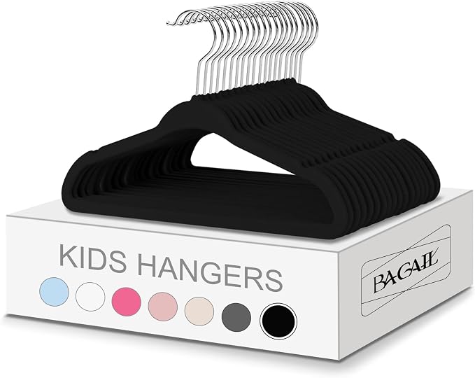 BAGAIL 50 Pack Kids Velvet Hangers 14 Inches Children's Clothes Hangers Non-Slip Baby Hangers for Infant/Toddler (Black)