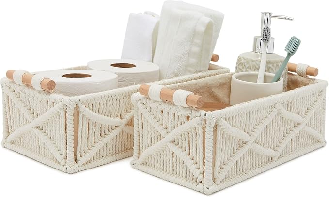 Okuna Outpost Macrame Storage Basket Set - Macrame Shelf Baskets for Storage - Cotton & Wood Handle Organizer for Bathroom & Nursery Decor - Pack of 2, Ivory, 13.5 x 6.5 x 4 & 12 x 5.5 x 4 in