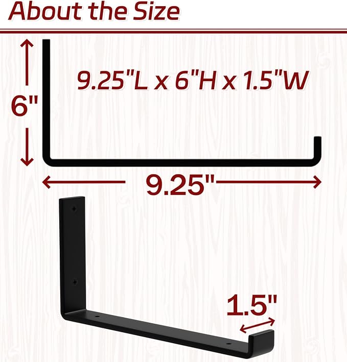 8-Pack - 9.25" L x 6" H x 1.5" W Shelf Bracket, 1/5” Thick Iron Metal Wall Rustic Industrial J Lip Floating Shelf Bracket