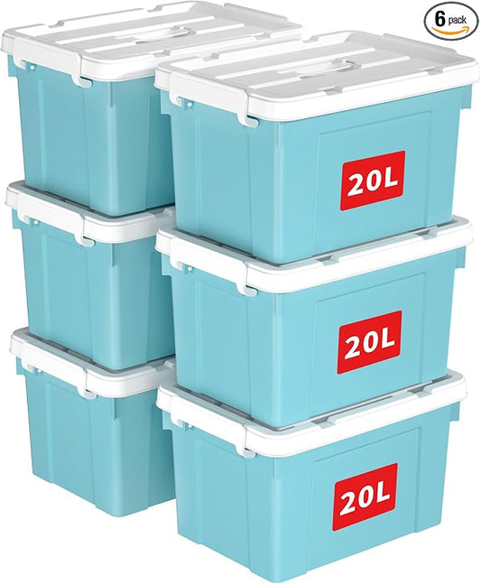 Cetomo Lidded Storage Bin with Handle, Tote Organizing Container with Durable Lid and Secure Latching Buckles, Stackable and Nestable, Plastic, 25 Quart-6 Pack, Blue