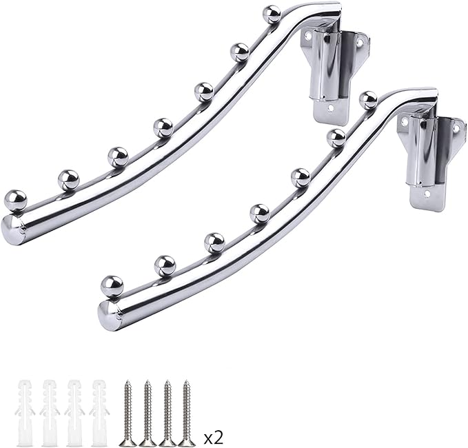 Folding Wall Mount Clothes Hanger Metal, 2 Pack Laundry Drying Rack Foldable with Swing Arm 180°Rotation Stainless Steel Wall Mounted Bathroom Clothes Rack Wardrobe Kitchen Hangers Balcony Coat Hooks