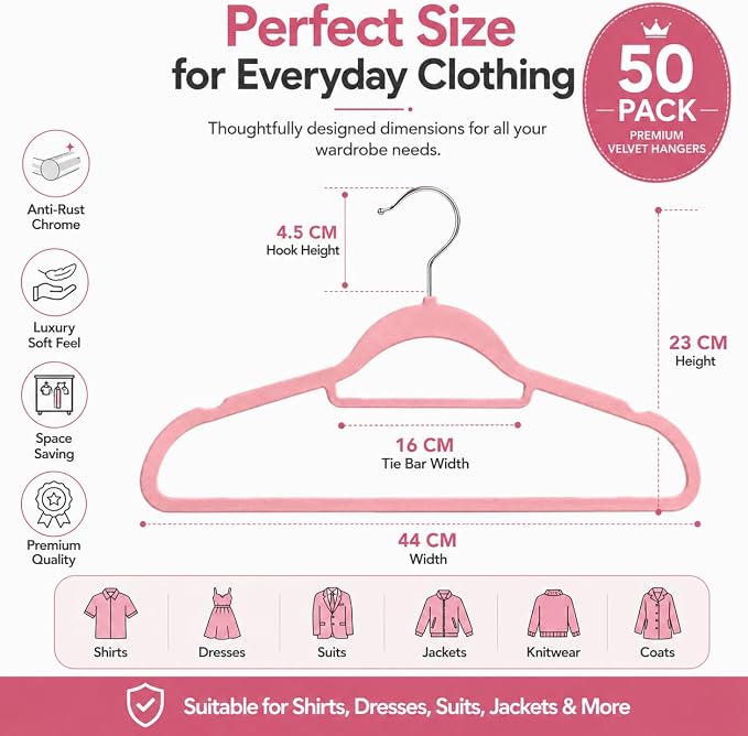1ABOVE Premium Quality 50 Pack Non-Slip Velvet Hangers (44cm) Heavy Duty Velvet Suit Hangers with Tie Bar, 360° Swivel Hooks – Space Saving, Sturdy to Hold Jacket, Jumper & Pullover(Set of 50-Pink)