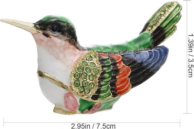 Hand Painted Enamel Hummingbird Trinket Box for Home Decor, Hinged Jewelry Organizer for Ring Earrings, Unique Figurine Keepsake Collectible Personalized Handmade Ornament Gifts (Green Hummingbird-2)