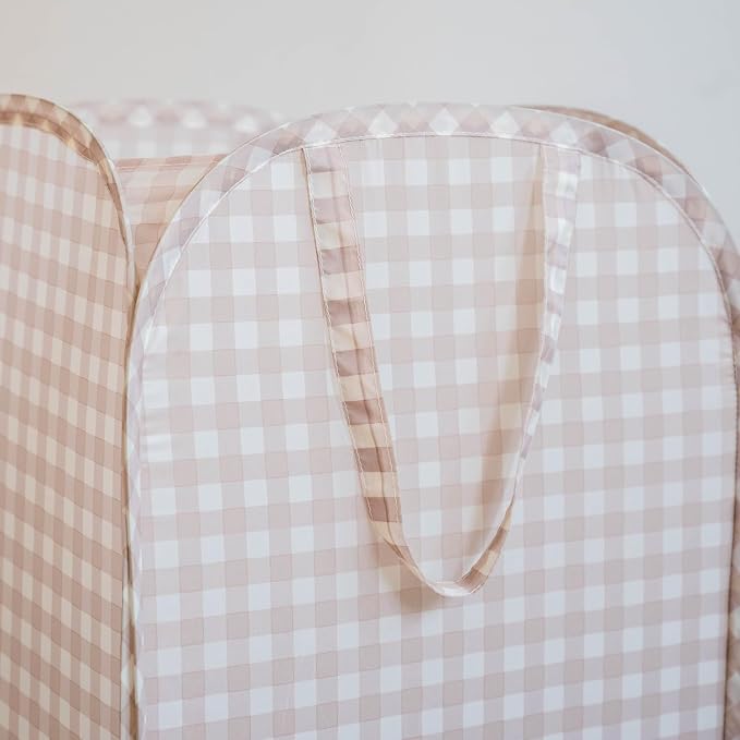 3 Sprouts Pop Up Hamper - Collapsible Laundry Basket, Popup & Foldable Design - Durable Waterproof Fabric for Dirty Clothes, Toys & Towels - Ideal for Dorm, Bedroom & Baby Nursery, Gingham Beige