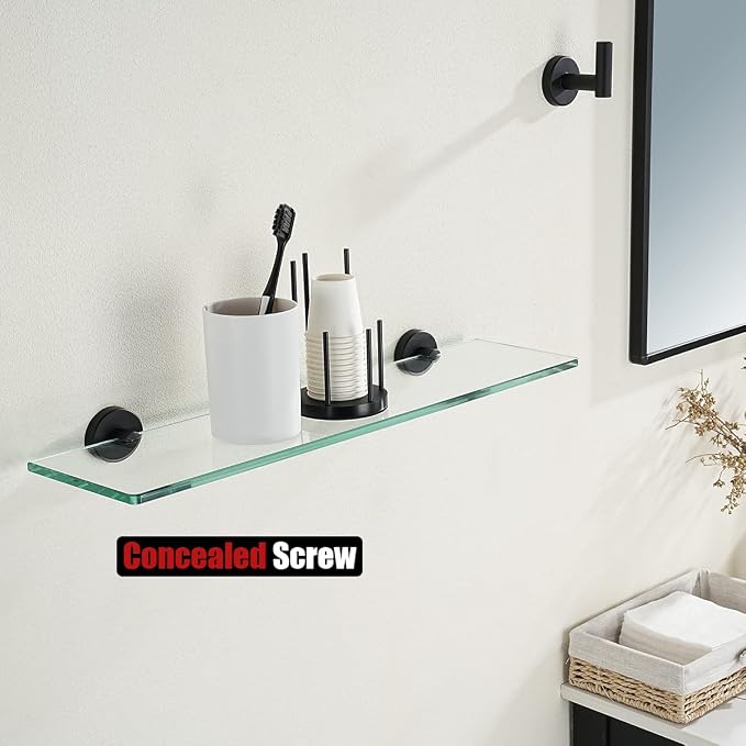 JQK Bathroom Glass Shelf Black, Tempered Glass Shower Storage 20 by 5 inches, 304 Stainless Steel Matte Black Wall Mount, TGS101L20-PB